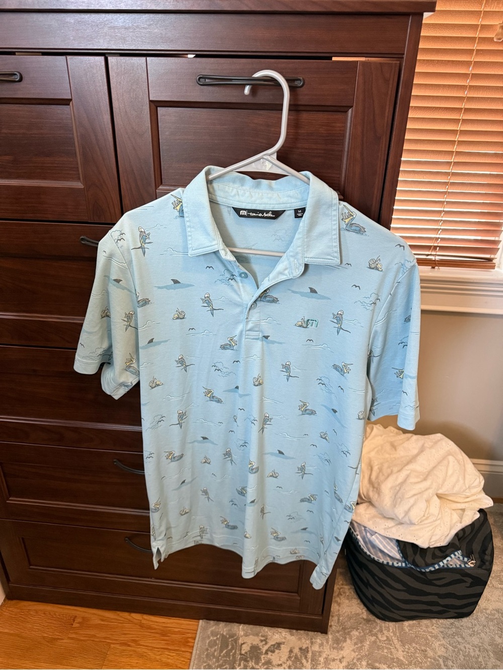 Travis Mathew Light Blue Printed Polo with Surf Motif